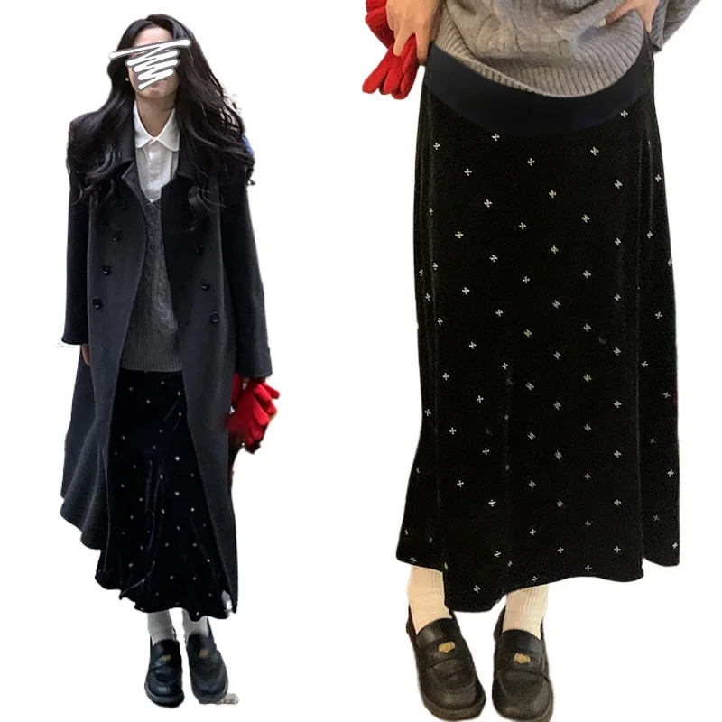 Spring Autumn Maternity Belly Skirts Fashion Stars Printing Long Loose Pregnant Woman Velour Skirt Maternity Party Clothes