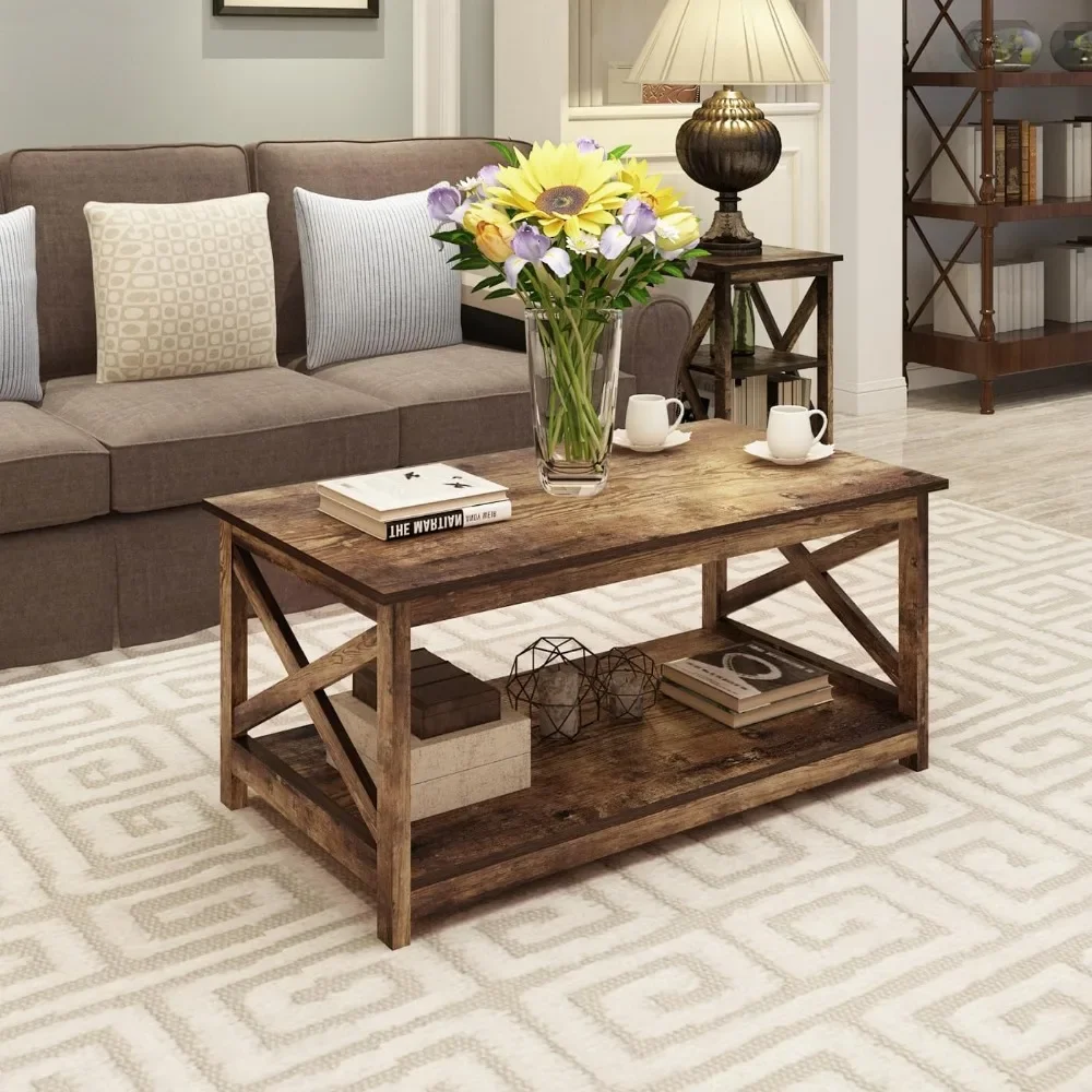 Coffee Table, Modern Farmhouse Wood Coffee Table with 2-Tier Storage, 40 Inch, 4