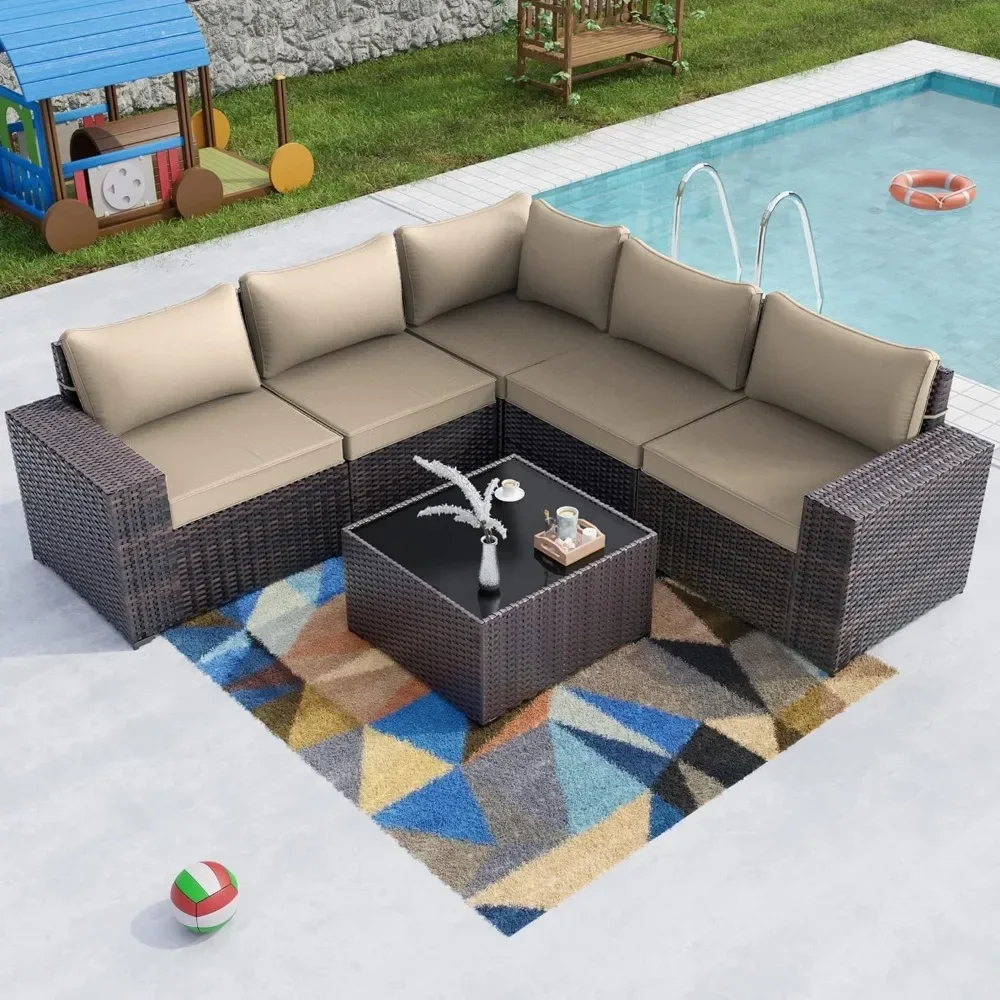 

6PCS Outdoor Patio Furniture Set,PE Wicker Rattan Sectional Sofa Patio Conversation Sets,Sand, Garden Sofas