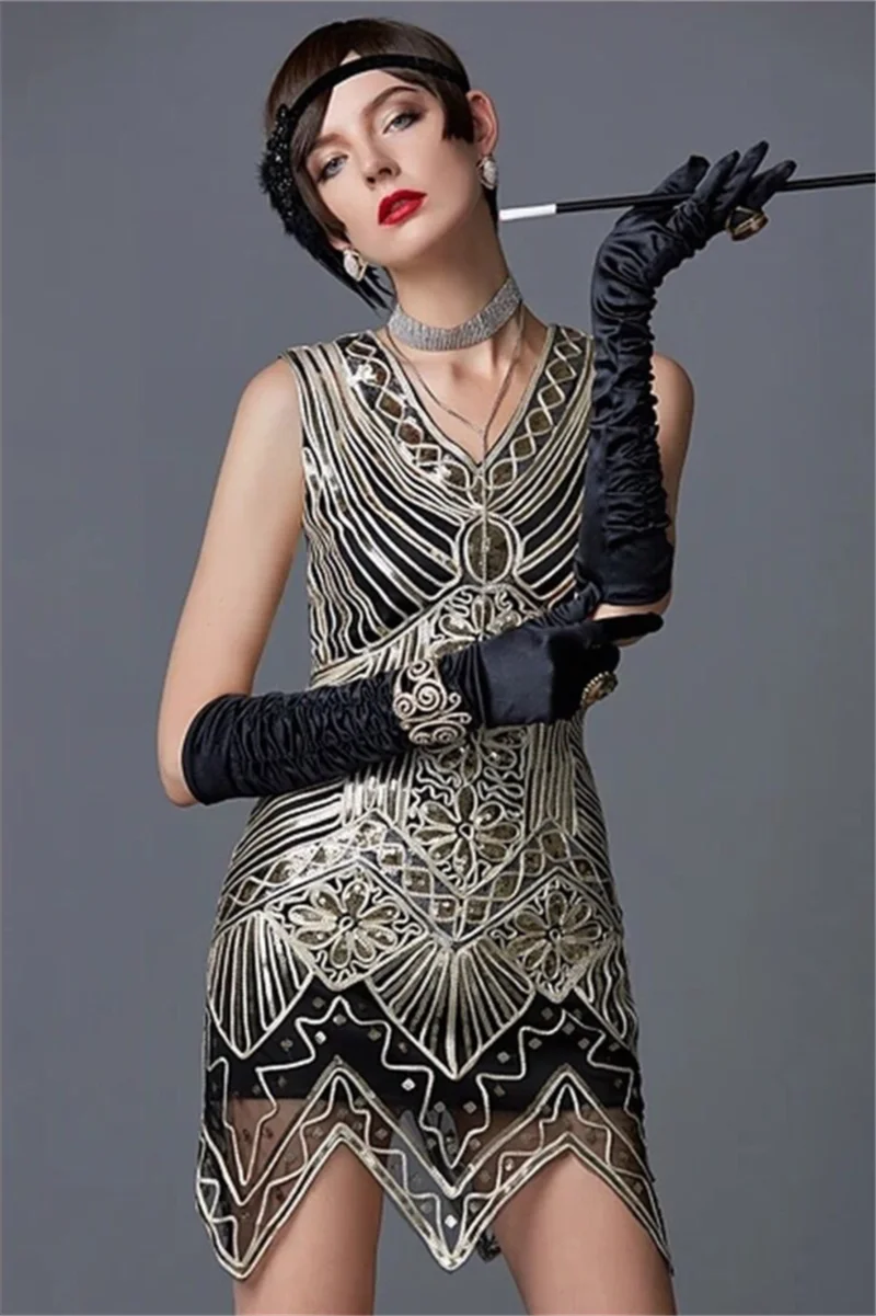 

Women's 1920s Sequin Beaded Tassels Hem Flapper Dress Sleeveless Gold Thread Embroidery Fringe Great Gatsby Party Dress 20s Deco