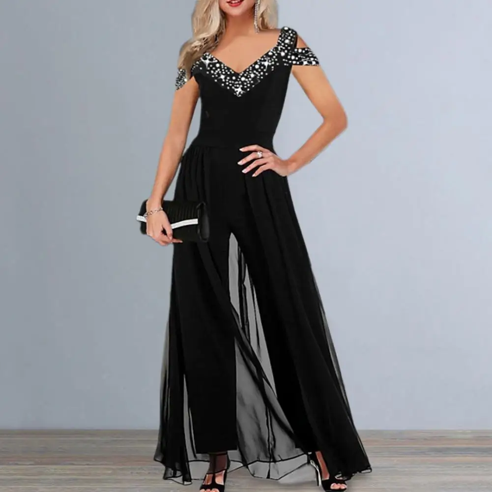 

Women Party Jumpsuit Wide Leg High Waist Hollow Out Short Sleeves Double Layers Mesh Patchwork Work Commute Dating Prom Outfit