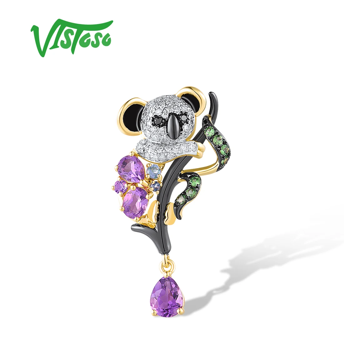 

VISTOSO Pure 14K 585 Yellow Gold Pendant For Women Sparkling Amethyst Diamond Koala Pendant Cute Animal Gifts Fine Jewelry