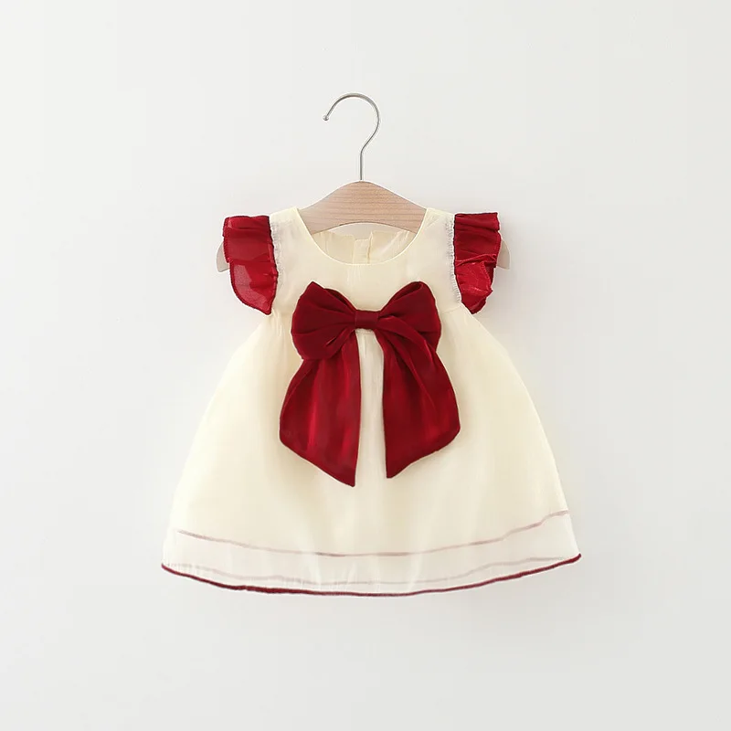 Girls dress New Year's Girl's Summer Dress Solid Red Flying Sleeves Bow Twilight Cloud Princess Suitable for 0-3 Year Old Babies