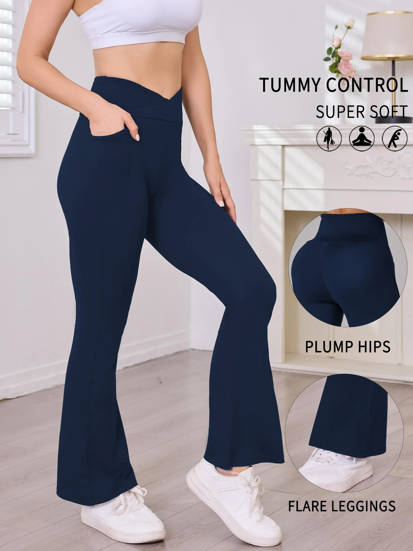 Superweiche, überkreuzte, hoch taillierte, ausgestellte Leggings für Damen mit Taschen und Bauchkontrolle – Detail 8