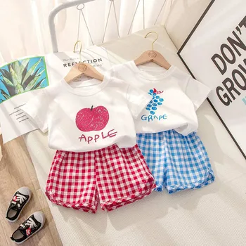 Baby Girls Clothes Sets Cute Fruit Print Short Sleeve+Plaid Shorts Toddler Summer Cotton T-Shirt Pant Set Outfits Kids Tracksuit 1