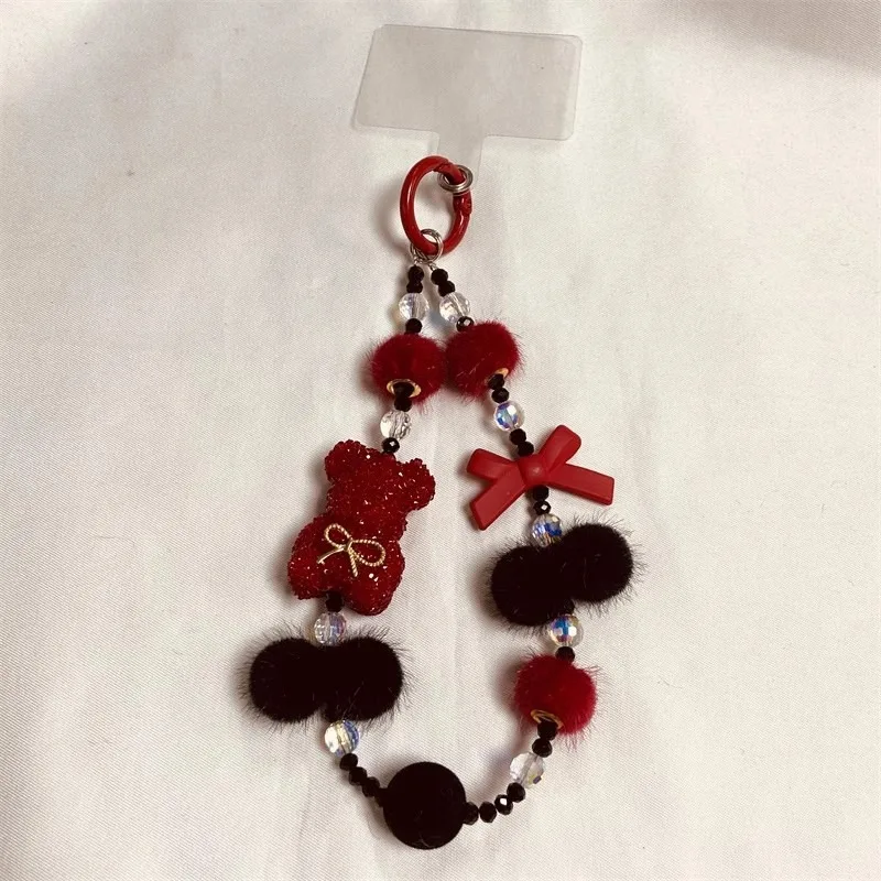 Cartoon Crystal Bear Plush Ball Luxury Wrist Chain with Beaded Lanyard