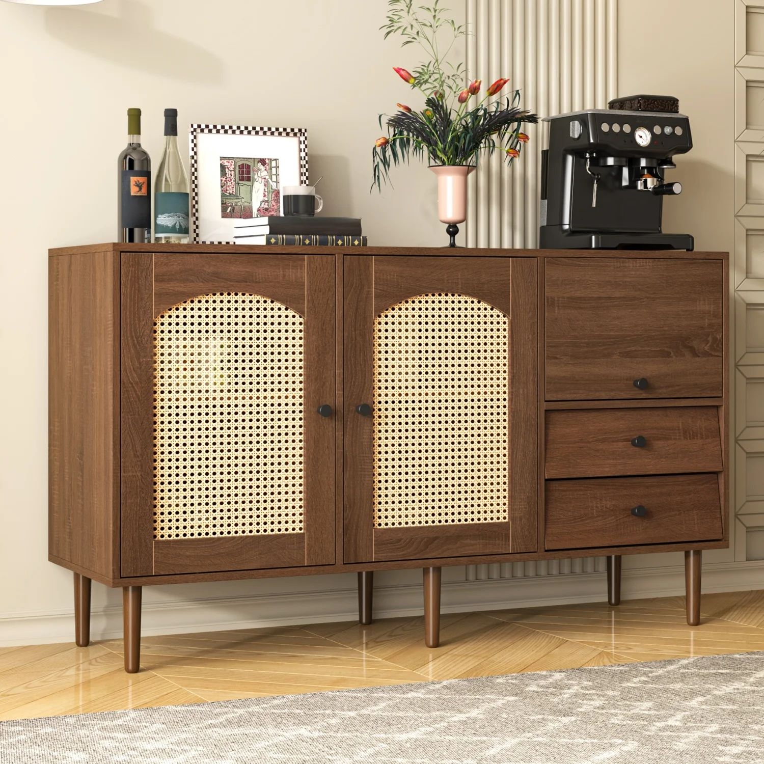 130 x 75,5 x 40 cm großes Sideboard im Landhausstil mit Rattantüren, Magnetverschluss, verstellbaren Regalen, Aufbewahrungsschrank für Wohnzimmer – Detail 1