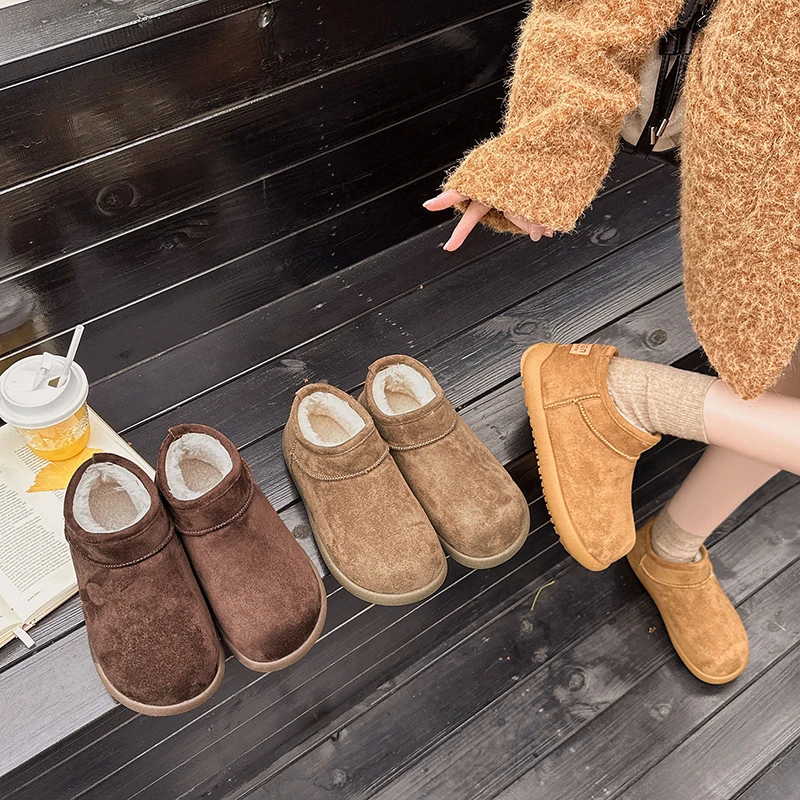 Aphixta Classic Slip On Woman Snow Boots High Quality Cow Suede Woman Winter Shoes Flat With Solid Color Plush Warm Women Boot