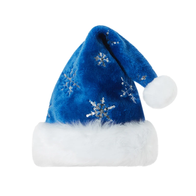 Sequin Christmas Hats for Adults Glitter Snowflake Embroidered Santa Claus Hats Party Cap with Fur Trim