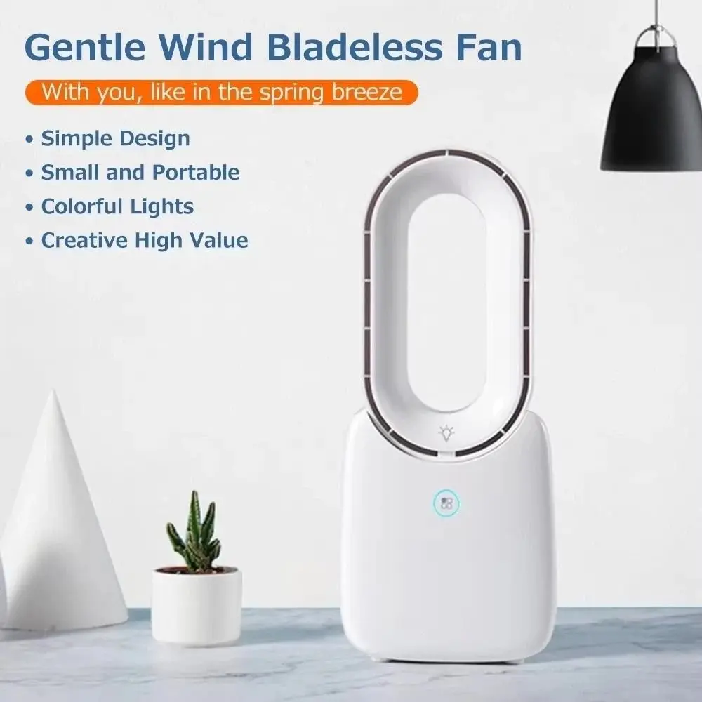 컬러풀한 조명 휴대용 책상 선풍기 터치 컨트롤 11.8인치 날개 없는 선풍기 LED 조명 조용한 테이블 선풍기 사무실용