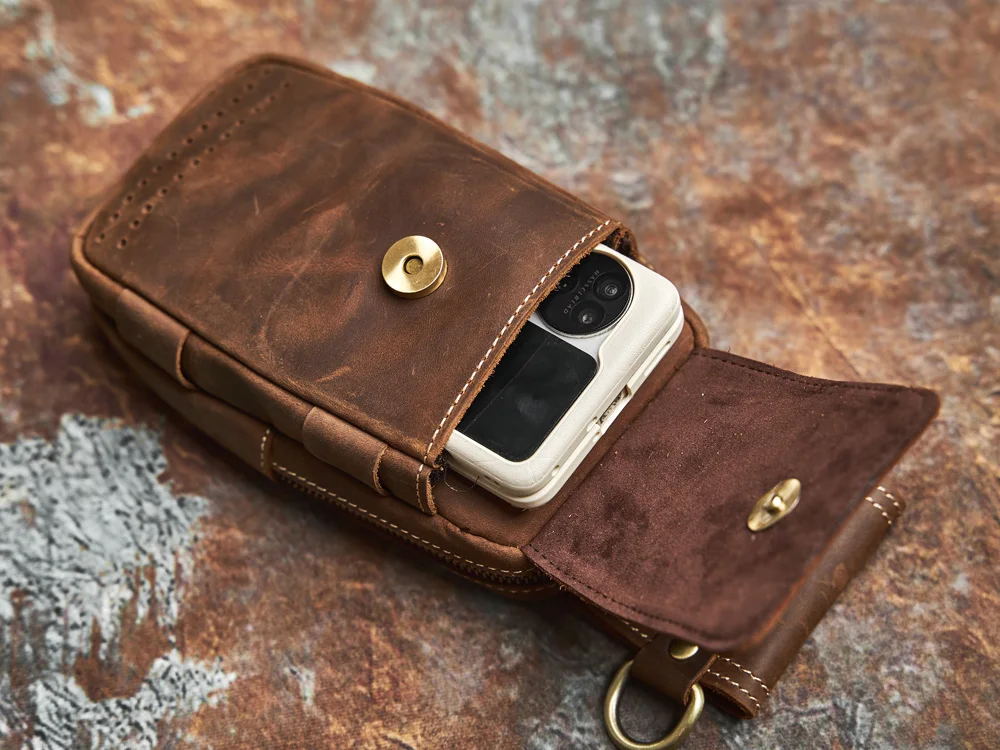 NASVA Herren-Hüfttasche aus echtem Leder, multifunktionale Handytasche, tragbare Gürteltasche mit Schlüssel zum Aufhängen, Schnalle – Detail 23