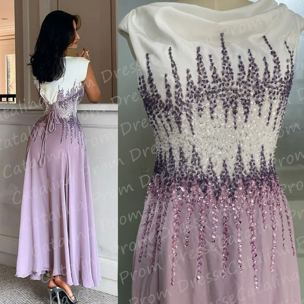 

Saudi Arabia Evening Dress A Line Square Neckline Purple Beadings Lace up Prom Dress For Women Elegant Party Wedding Custom Made