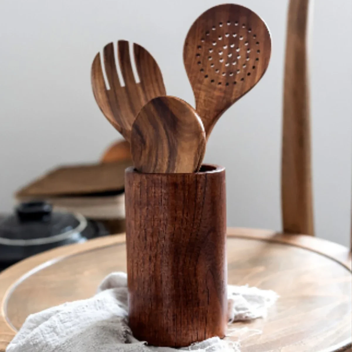 Wood Kitchenware Cooking Household Spatula Spoon Salad Spoon Fork Stirring Kitchen Baking with Storage Bucket