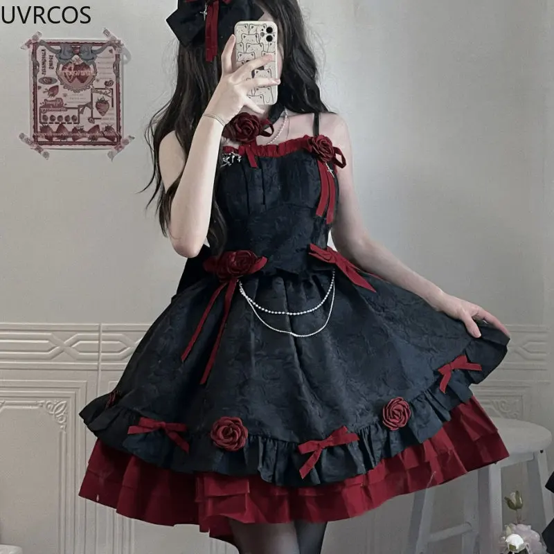 Lolita Suspender Dress Lolita Dress Lolita Cosplay Costumes Victorian Dark Gothic Lolita Jsk Dress Women Vintage Elegant Rose Flower Bow Princess Strap Dresses Girls Sweet Tea Party Dress