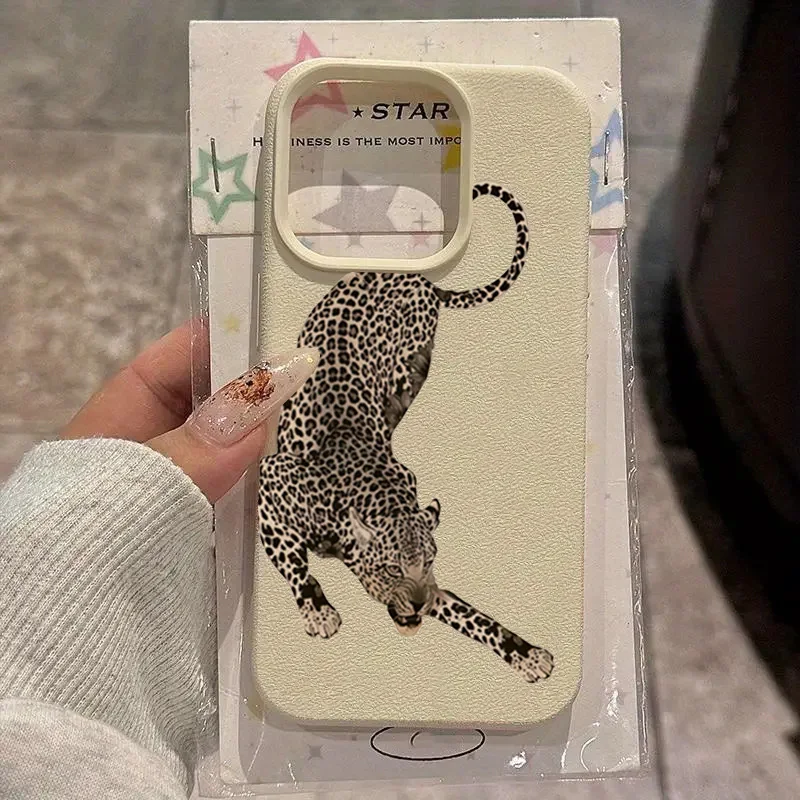 Cooles schwarzes Leoparden-Design mit Lychee-Textur Handyhülle für iPhone 18 17 16 15 14 13 12 11 Pro Max 14 Plus 17 Air X XS XR Weiche Hülle