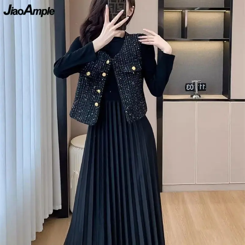 Women Autumn Winter Black Dress Vest Matching Set Korean Office Lady Graceful Tweed Tank Coat Knit Patchwork Dresses Outfit 2023 fashion dresses solid patchwork lacing loose mini skirts women s clothing 2023 square collar summer thin office lady high waist