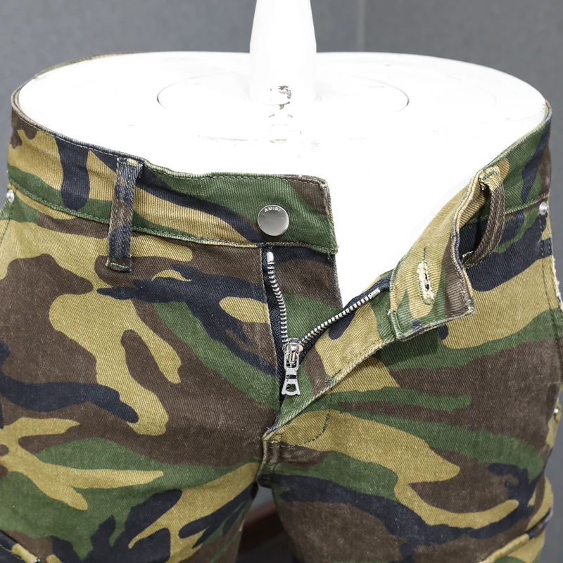 High Street Fashion Men Jeans Camouflage Stretch Slim Ripped Jeans Men Big Pocket Designer Leather Patched Hip Hop Brand Pants