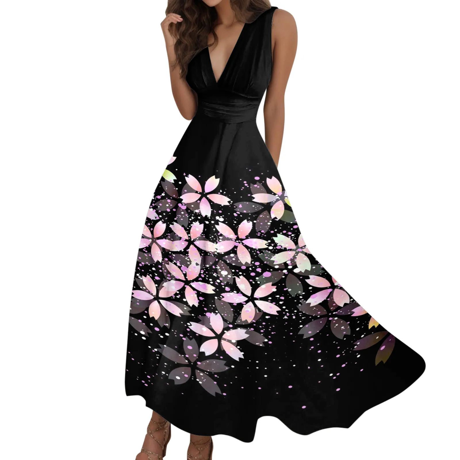 

Women Summer Sexy Deep V Neck Formal Sleeveless Long Dress Gradient Zipper Swing Dresses Womens Dress Ruffles