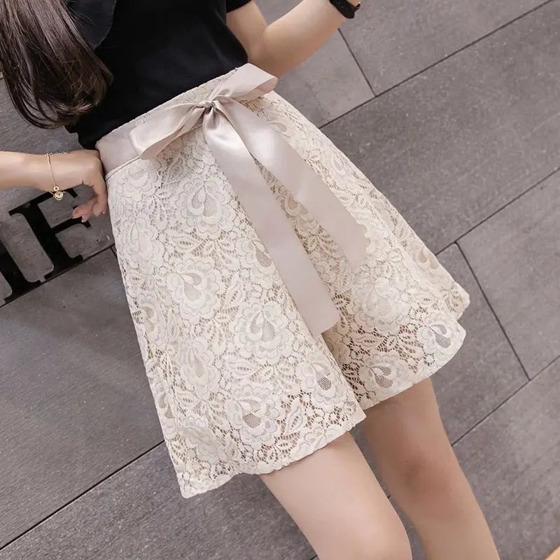 Fashion Zipper Bandage Bow Hollow Out Lace Shorts Women's Clothing 2024 Summer New Loose Sweet Solid Color High Waist Shorts