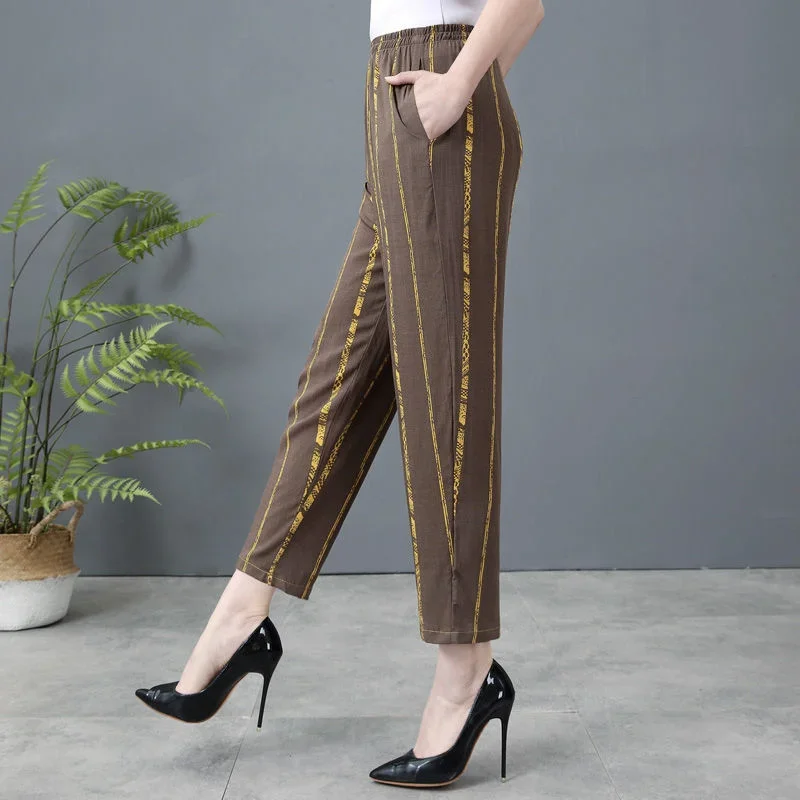 

New Women's Pants Cotton Hemp Harlen Pants Solid Printed Elastic High Waist Pockets Slim Fashion Casual Straight Trouser Z701