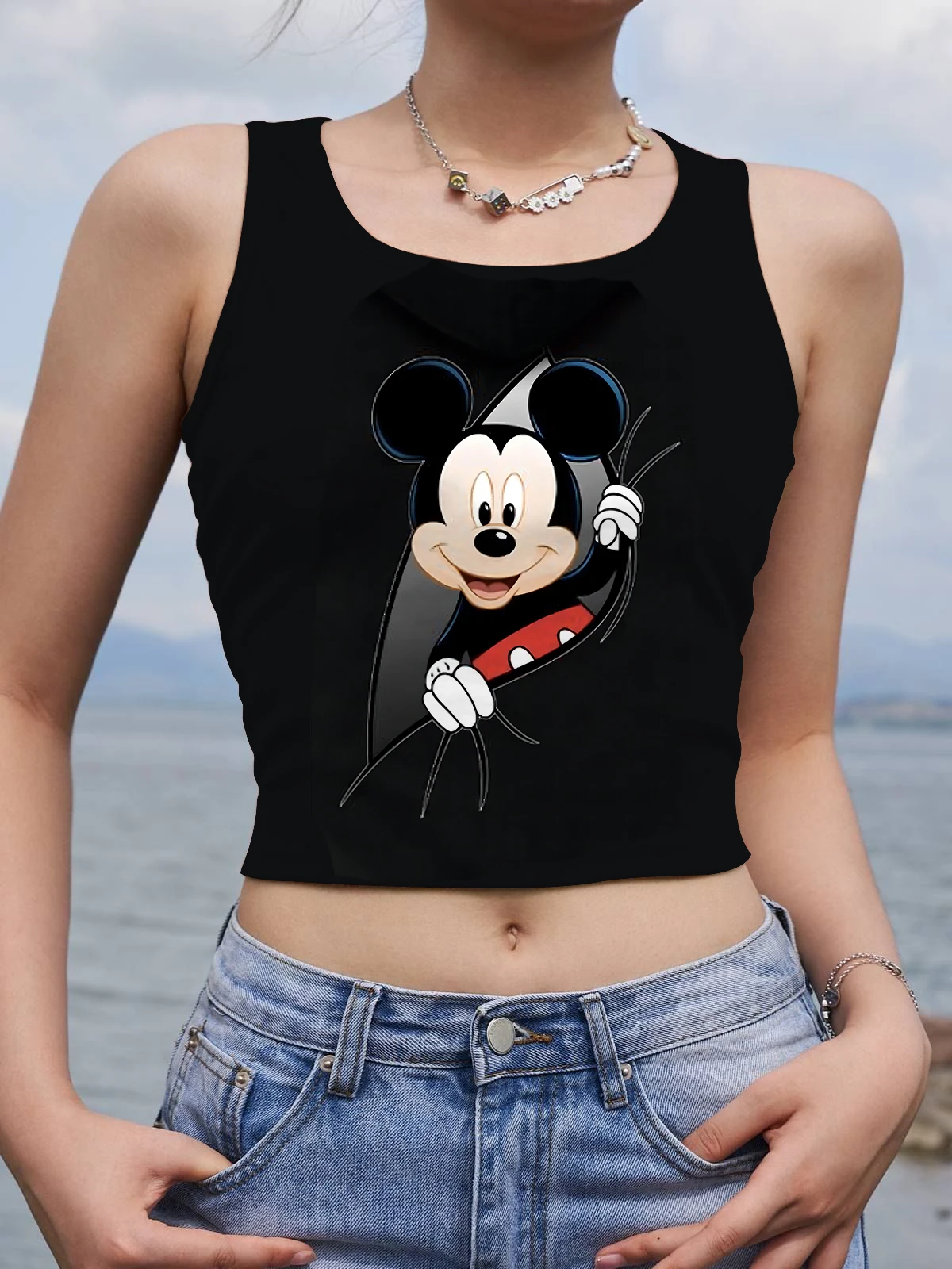 

Корсет Модный укороченный Топ для женщин, женская футболка Disney, женская одежда для йоги и фитнеса, майка без рукавов с Микки Маусом Y2k, майка с Минни Маусом