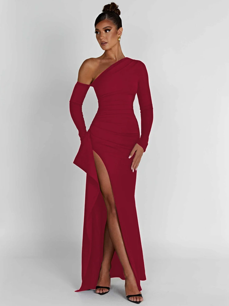 

Sexy Red Maxi Dress Oblique Shoulder Backless High Split Bodycon Dress Formal Gowns Elegant Party Evening Dresses for Women