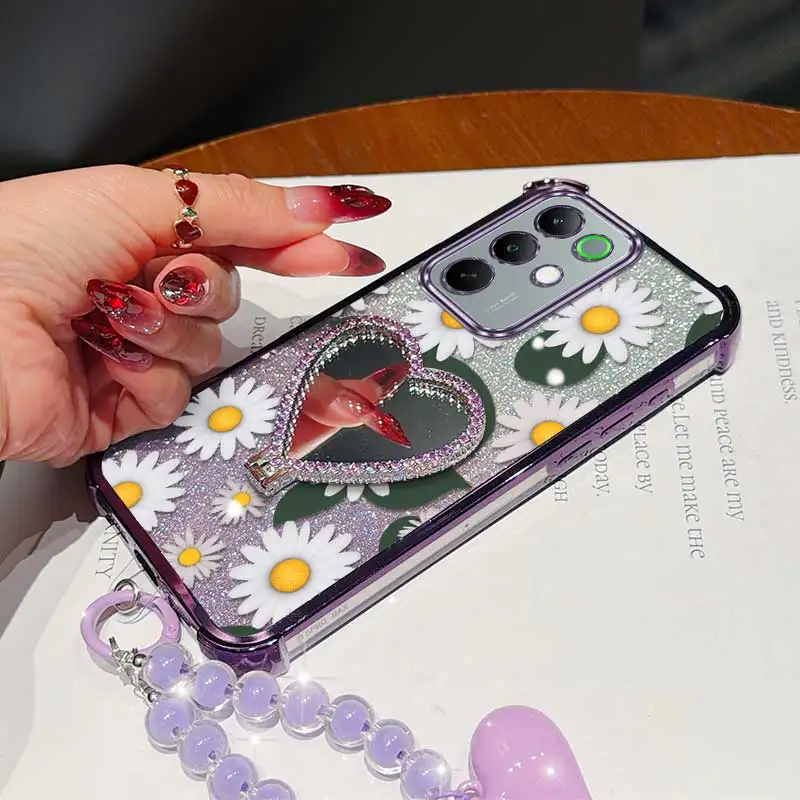 White Daisy Phone Accessory Set: Case, Lanyard, and Circular Stand