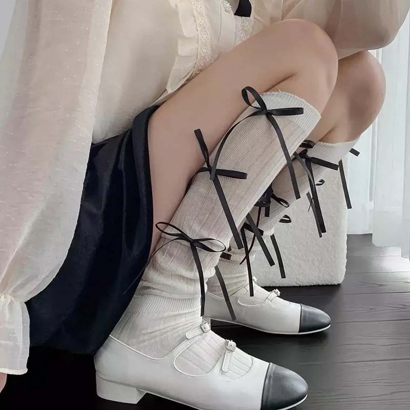 여성용 발레 스타일 붕대 활 무릎 높이 양말 허벅지 높이 스타킹, JK 로리타 카와이 긴 양말 허벅지 높이 양말