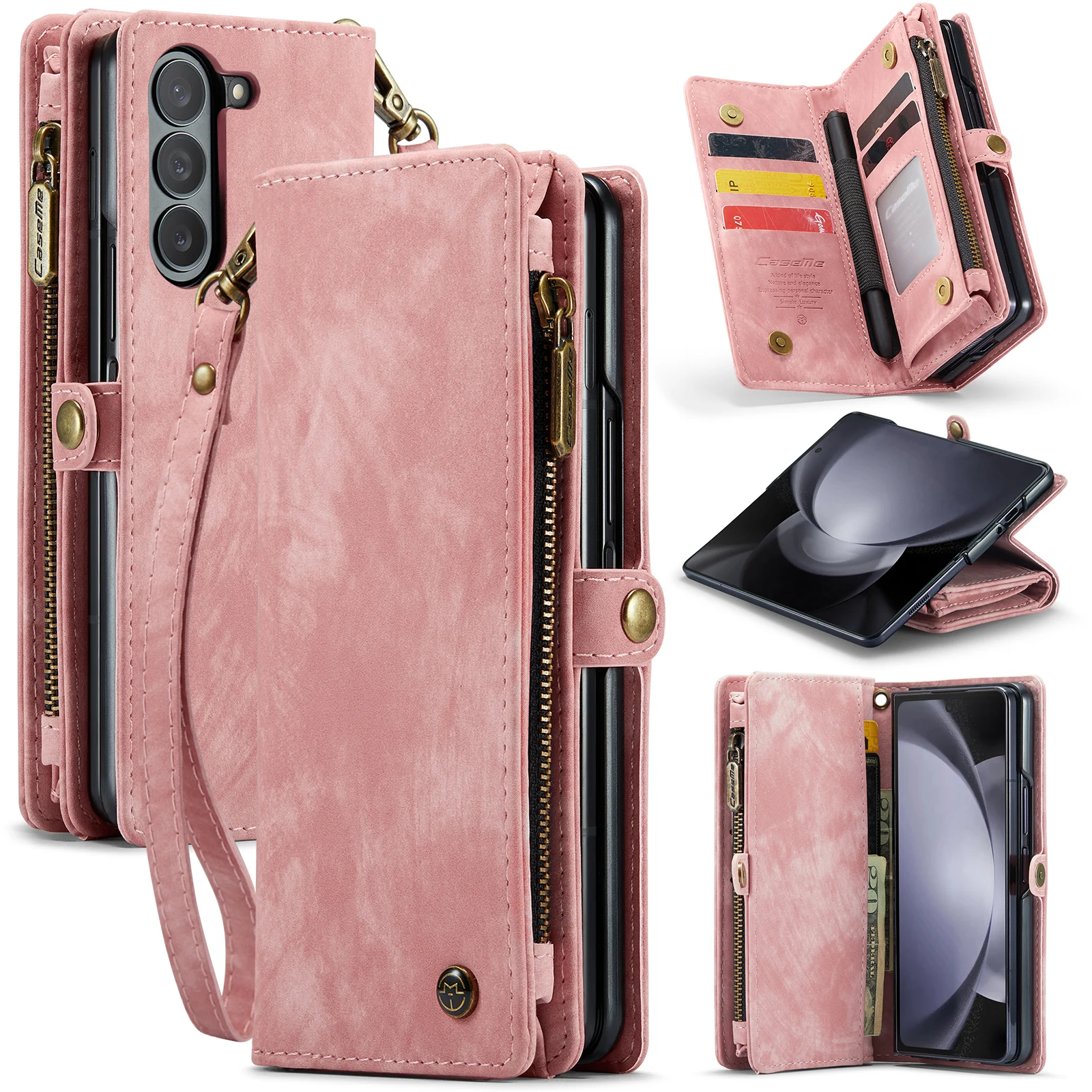 

Caseme Shockproof Leather Zipper Cards Pocket Wallet Case For For Samsung Galaxy Z Fold 5 4 Flip Stand Phone Cover with Lanyard