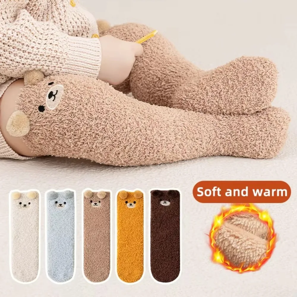 Cartoon Bear Design Baby Socks Coral Velvet Thickened Infants Stocking Warm Knee Protection Socks for 0-5year Kids