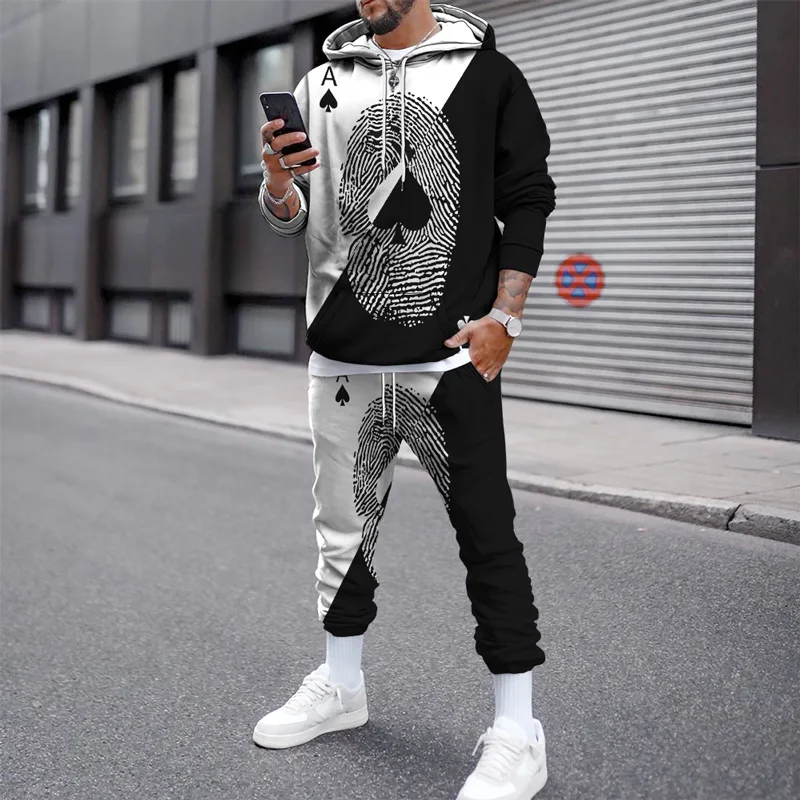 Autumn Winter Men's Hoodies Long Sleeve Trousers Suits Poker 3D Printed Sweatshirt Men Tracksuit 2 Piece Set Pocket Streetwear
