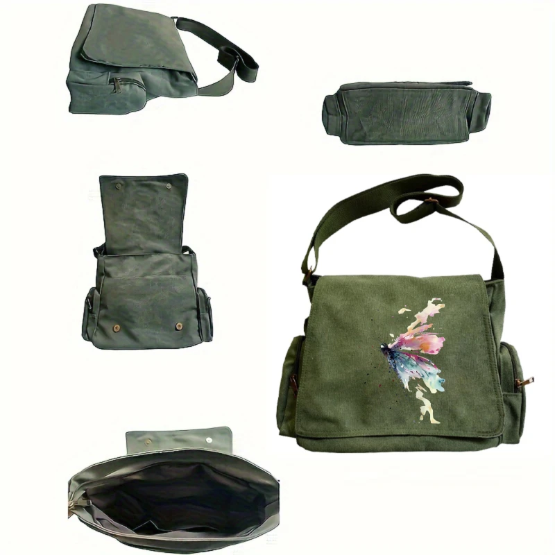 Artistic Women's Shoulder Bag Butterfly Print Canvas Large Capacity Messenger Bag Daily Use Crossbody Bag