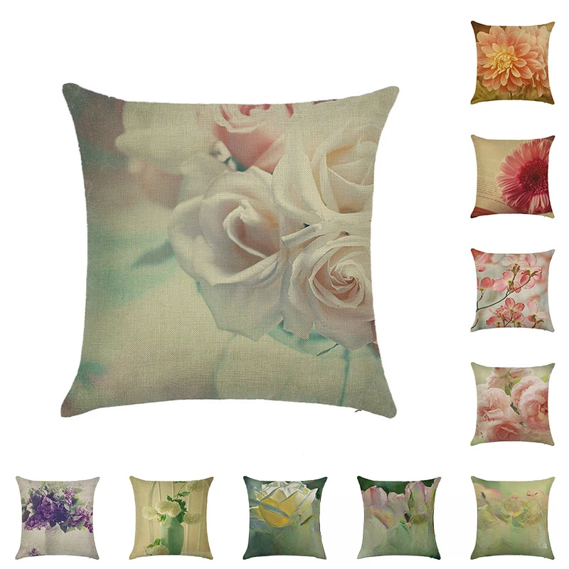 

Sofa Decorative Oil Painting Flowers Pillow Case Pure Floral Linen Rose Throw Pillows Cover for Home Decor Chair Cushion Cover