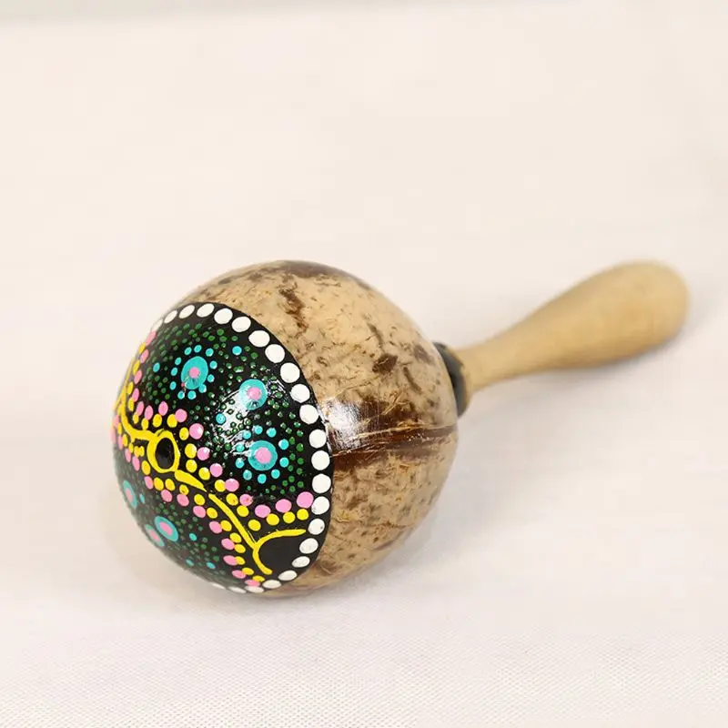 Wooden Sand Hammer Maracas Coconut Shell Shaker with Beautiful Patterns Educational Percussion Musical Instrument for Kids