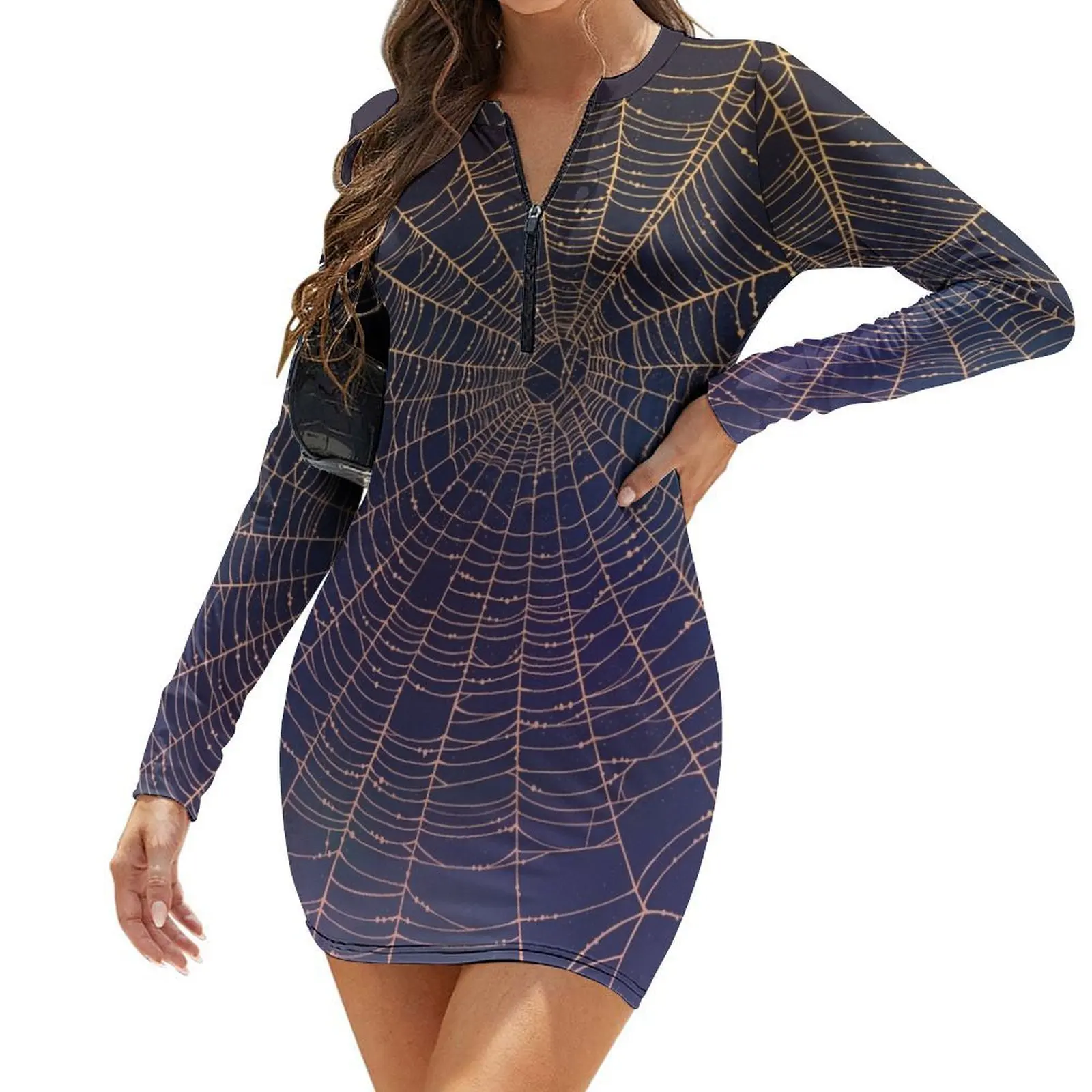 

Spider Web With Dew Drops, Night Sky Long-Sleeve Bodycon Dress Women's summer dress loose women's dress Women long