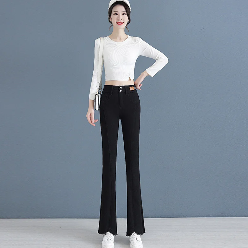 2023 Spring New Jeans Women's High Waist Micro Elastic Trousers Slim-Fit Show Slim Tight Micro Elastic Flared Pants Female
