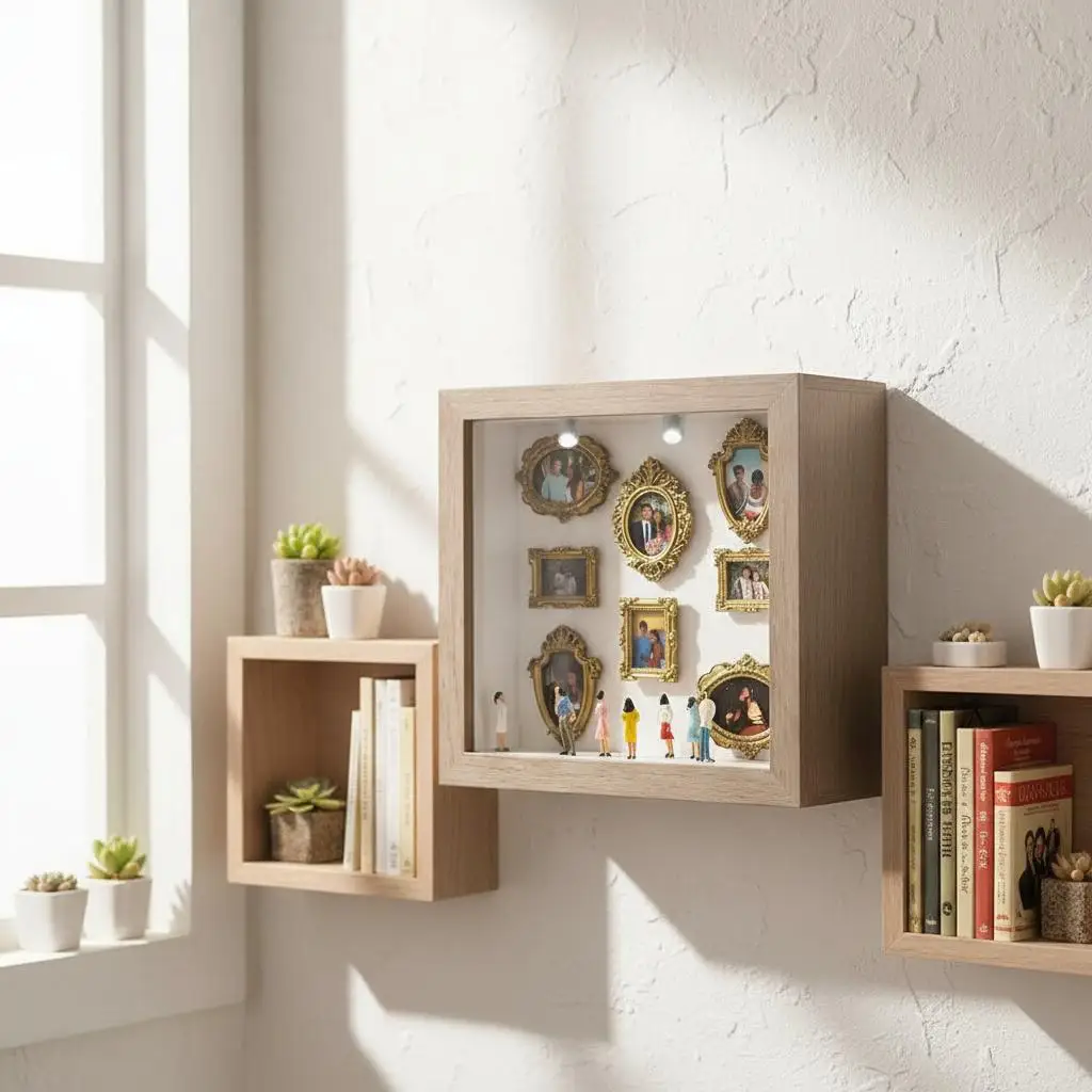 Mini Museum Photo Album: Stylish Memory Display Kit with Miniature Statue and Gold Frame