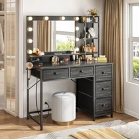 Vanity Desk with LED Lighted Mirror & Charging Staion 5 Fabric Drawers Makeup Vanity Table for Bedroom Dorm 3