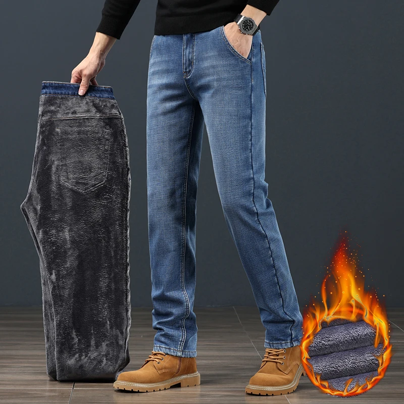 2024 Winter Warm Jeans Men's Fleece Thickened Slim Straight Trousers Fashion Stretch Cotton Casual Denim Pants Brand Clothes 4