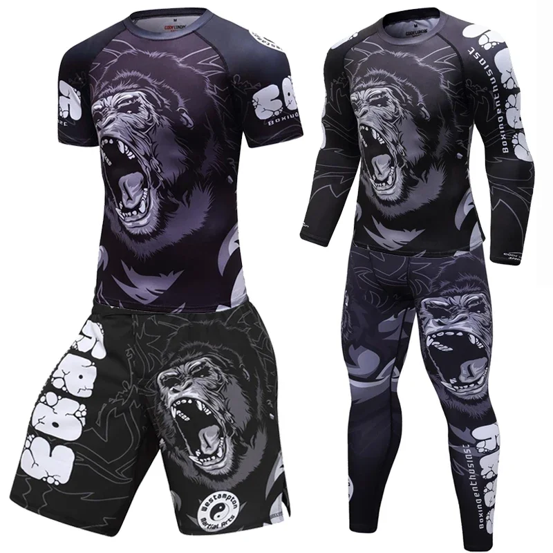 Mens Boxing Compression Rash Guard T-Shirts+Pants Sets Base Layer Athletic MMA Shorts BJJ No Gi Full Sportsuit Rashguard Shirt