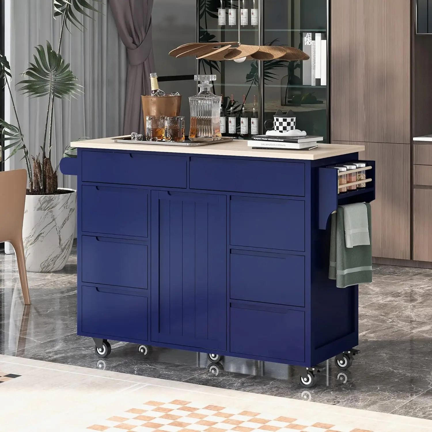 

Favfurish Multipurpose Kitchen Cart Cabinet a Flatware Organizer & 5 Wheels,for Dining Room,Dark Blue