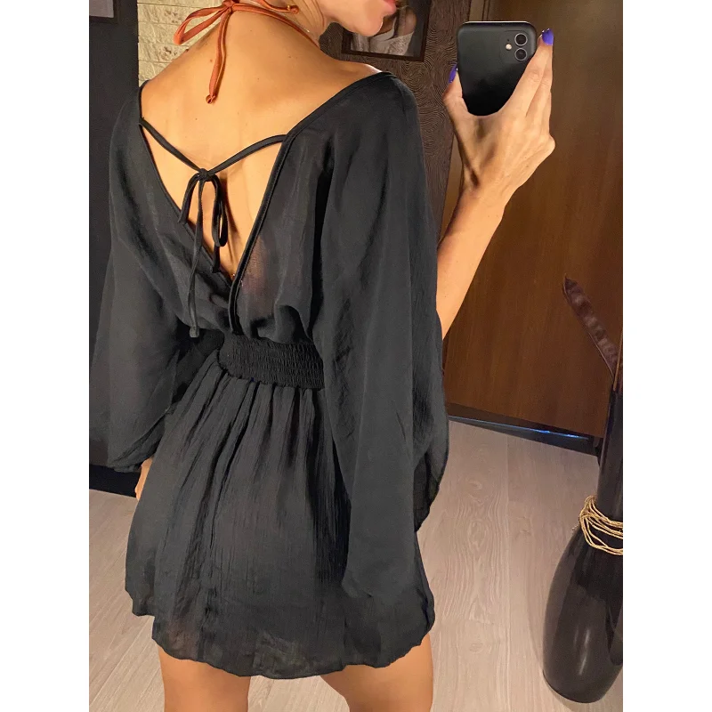 New Sexy V Neck Long Sleeve Backless Chiffon Tunic Beach Cover Up Beach Cover-ups Beach Dress Beach Wear Beachwear Bathing Suit