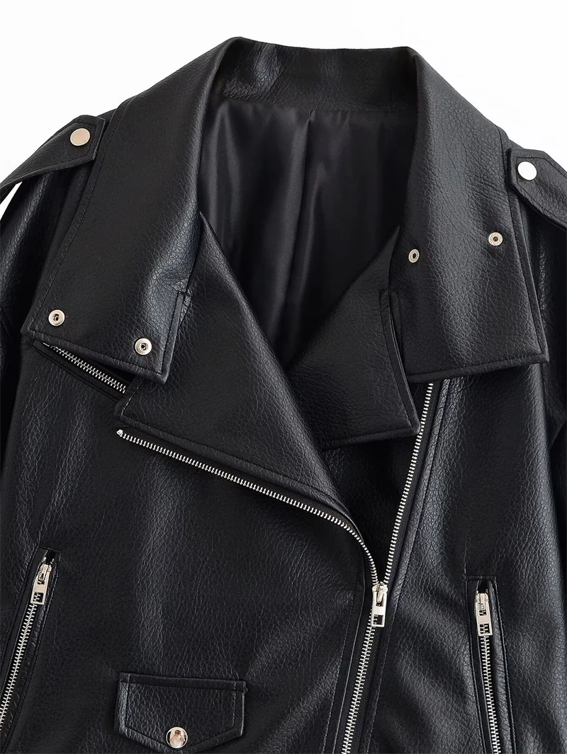 Guobioziy 2026 Fall New Arrival Women's Jacket Black Long-Sleeve Faux Leather Zipper Biker Jacket Parka Stylish and Trendy