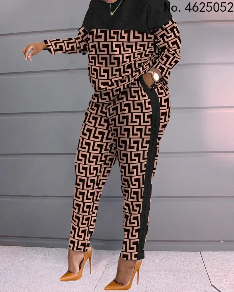 Women Two Piece Set Spring Autumn Casual Loose 2 Piece Set Drawstring Design Pockets Plaid Print Long Sleeve Top & Pants