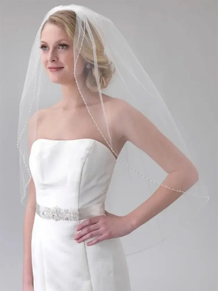 White Ivory Crystal Beaded Edge 1 Tier Fingertip Wedding Veils Bridal Accessories Soft Tulle Bridal Veil With Metal Comb
