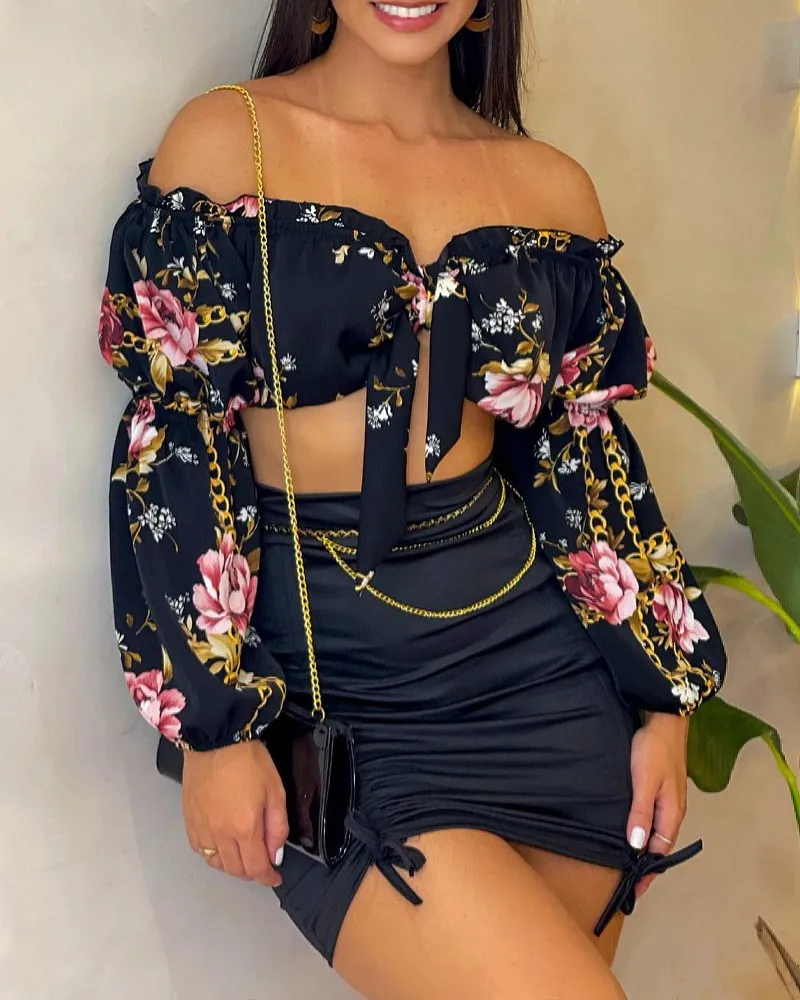 

Women Two-piece Flower Print With Shoulder Long Sleeves Largest Short Hip Fold Black Skirt Spring Summer Fashion Two-piece Suit