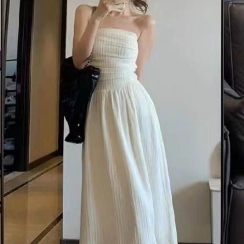 

Korean Style Strapless White Dress Women Sweet Elegant Summer Midi Streetwear Female Party Fashion Daily All-match Casual Dress