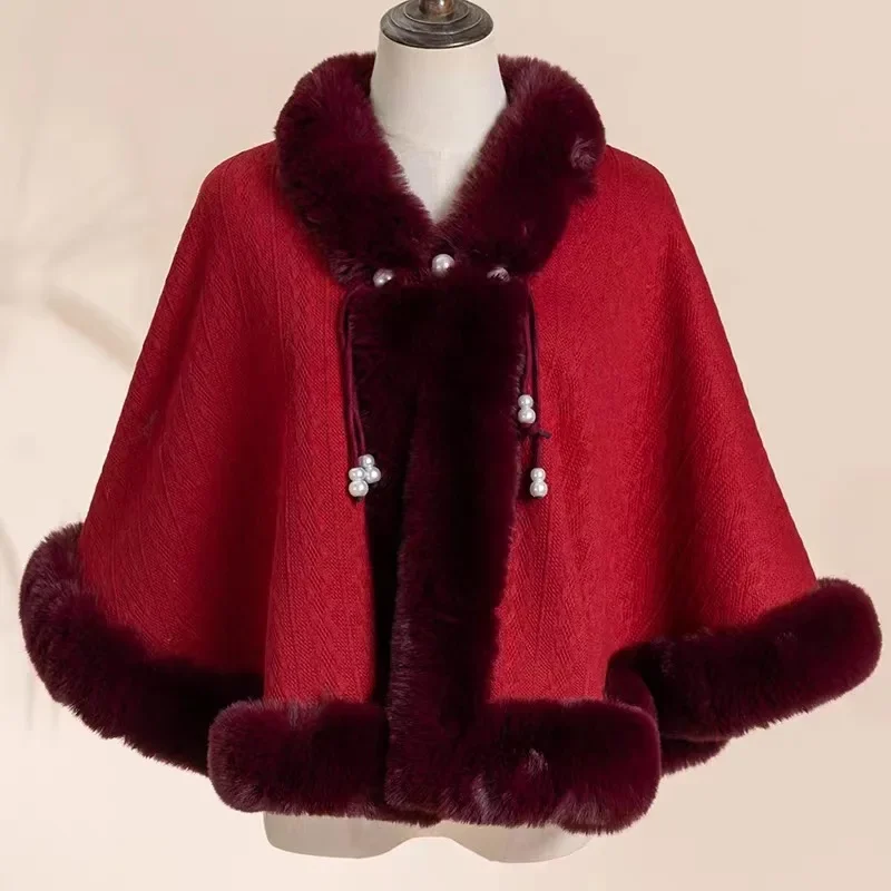 

Cloak Poncho Capes New Chinese Style Qipao Shawl With Thickened Autumn Winter Imitate Fur Like Plush Women Cape Lady Coat Red