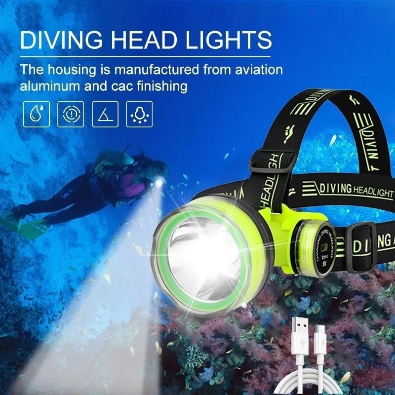 Diving Headlight Rechargeable IPX8 Waterproof LED Flashlight