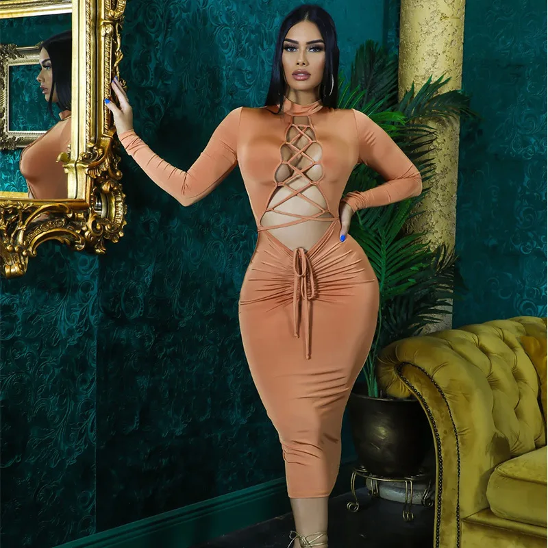 

Aniow Design Lace Up Bandage Hollow Out Sexy Skinny Stretch Midi Dress Long Sleeve Party Night Club Vestidos Elegant Slim Robe